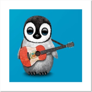 Baby Penguin Playing Peruvian Flag Guitar Posters and Art